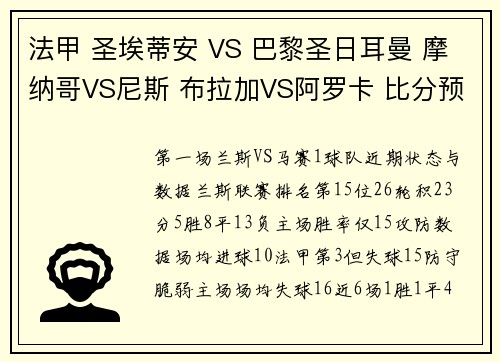 法甲 圣埃蒂安 VS 巴黎圣日耳曼 摩纳哥VS尼斯 布拉加VS阿罗卡 比分预测