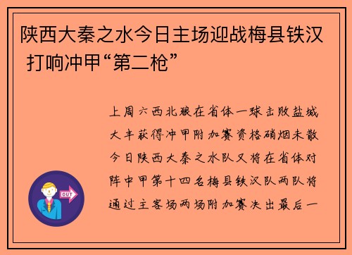 陕西大秦之水今日主场迎战梅县铁汉 打响冲甲“第二枪”